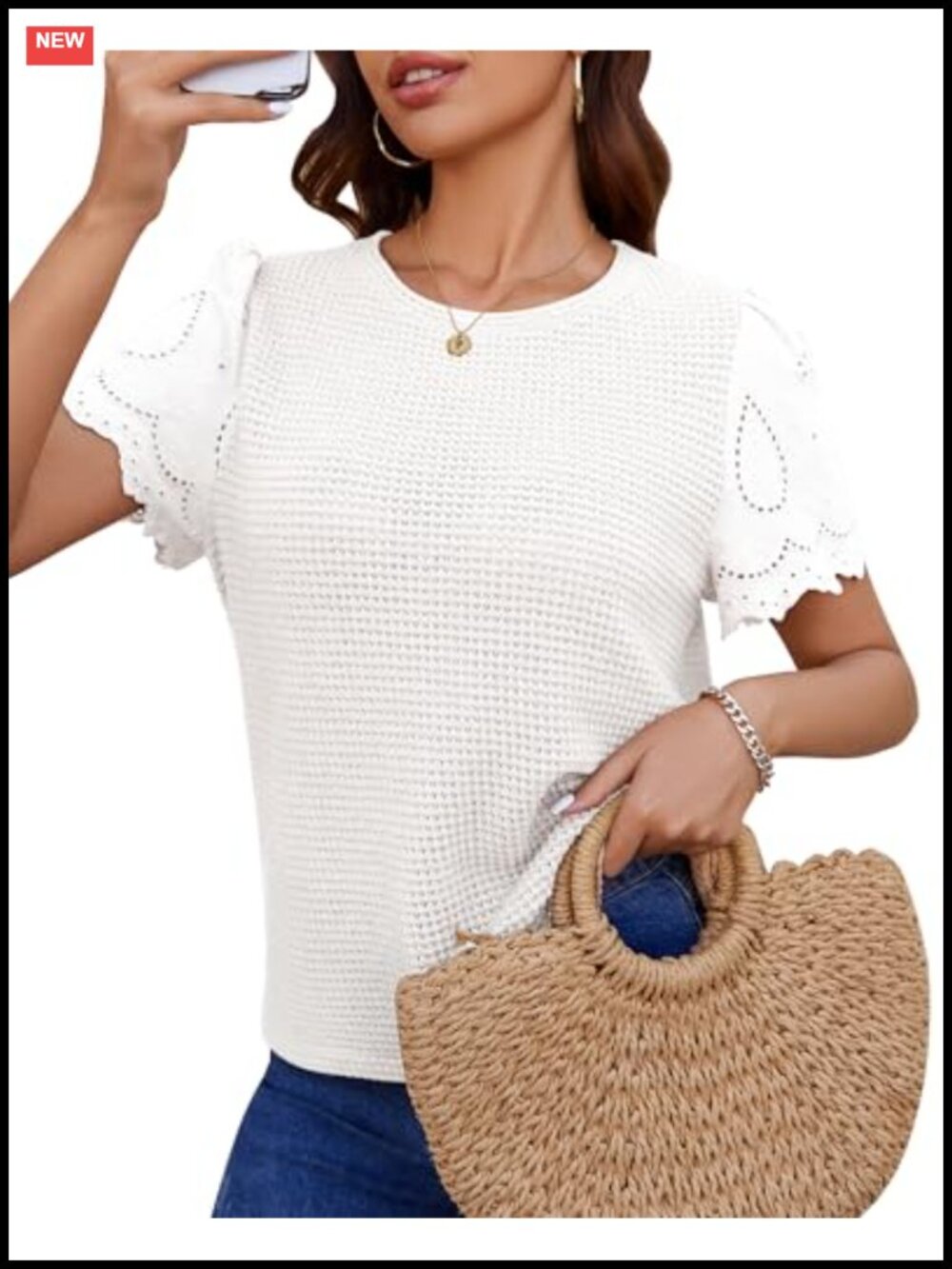 Women's Crochet Lace Short Sleeve Waffle Knit Crewneck Casual Summer Top (White)